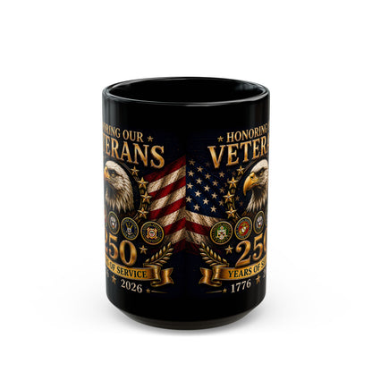Veterans Tribute Black Mug – Honoring Our Veterans 25/50 Years of Service (American Flag & Eagle)