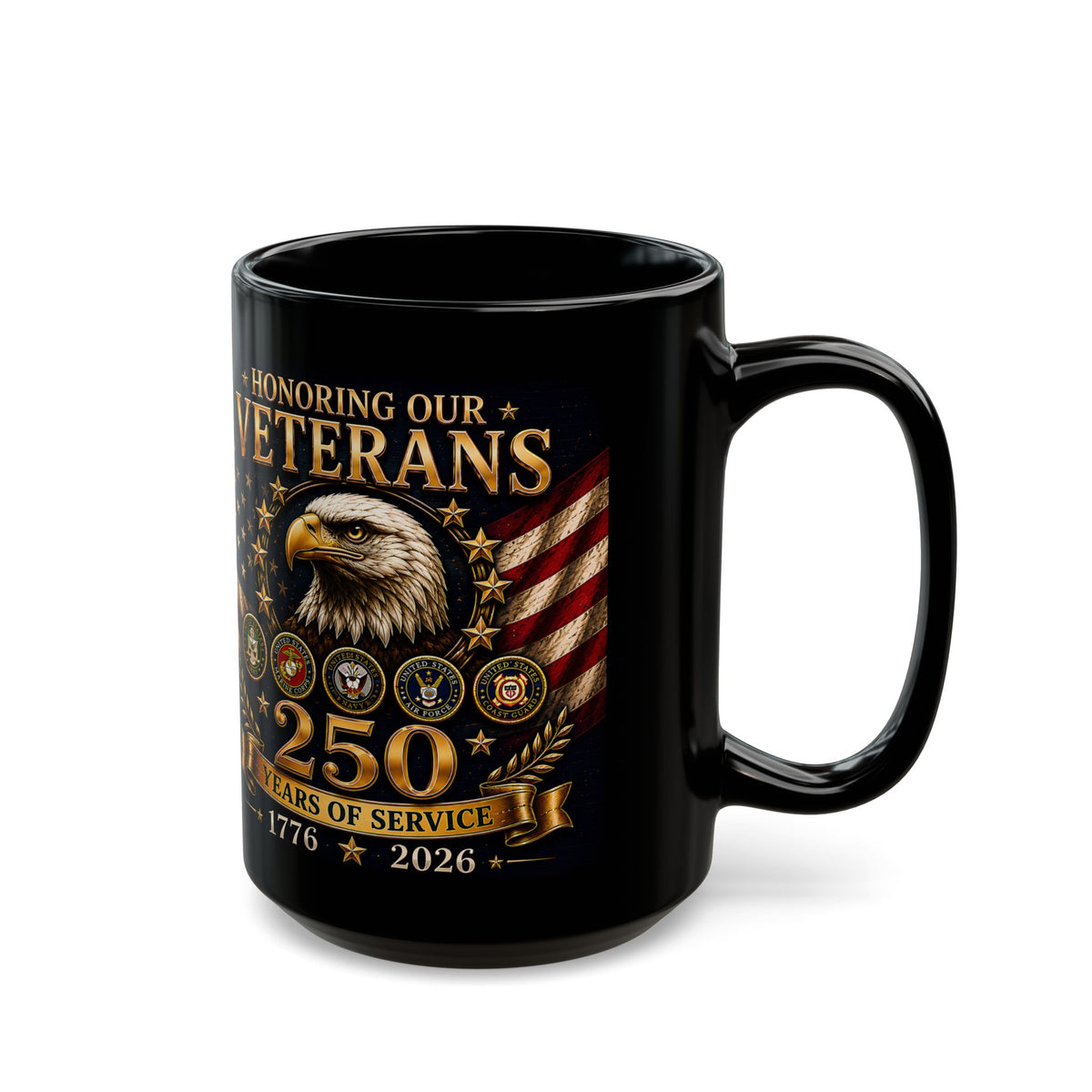 Veterans Tribute Black Mug – Honoring Our Veterans 25/50 Years of Service (American Flag & Eagle)