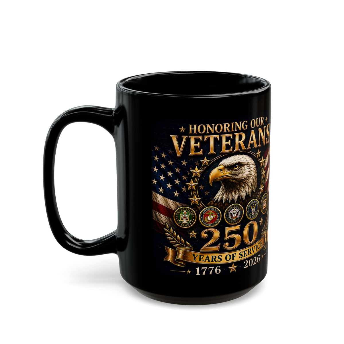 Veterans Tribute Black Mug – Honoring Our Veterans 25/50 Years of Service (American Flag & Eagle)