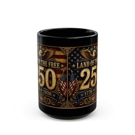 250th Anniversary Patriotic Black Mug — "Land of the Free" USA Flag & Eagle Coffee Cup