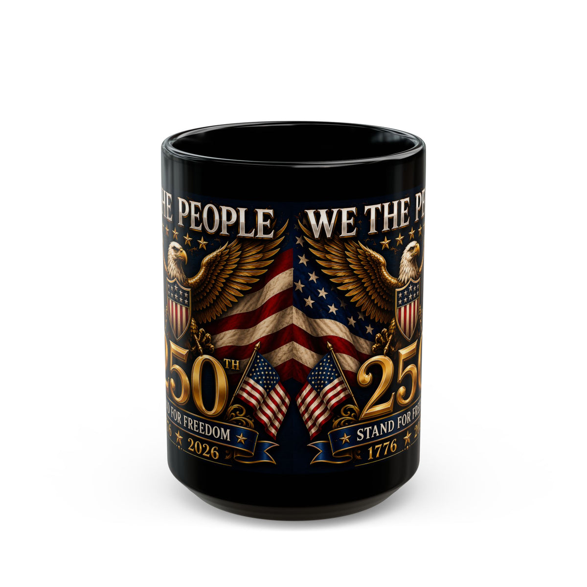 We The People 250th Anniversary Black Coffee Mug – Patriotic Eagle & American Flag 1776–2026